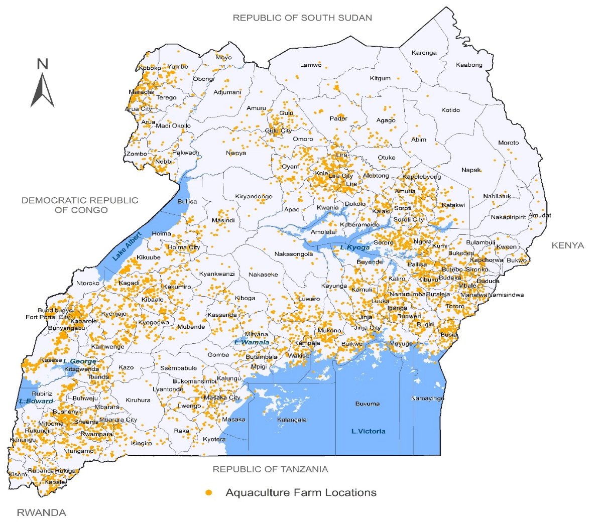Map of Uganda with a dot at each of the 9,463 enumerated aquaculture
                          farms. Farms cluster around Lake Kyoga, through Lango and Teso, along
                          the Lake Victoria shore near Kampala, and in the western districts
                          around Kasese and Kabarole. Karamoja is almost empty.